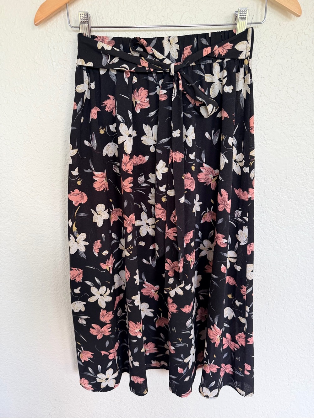 Black Midi Skirt with Pink and Cream Floral Print and Self-Tie Waist